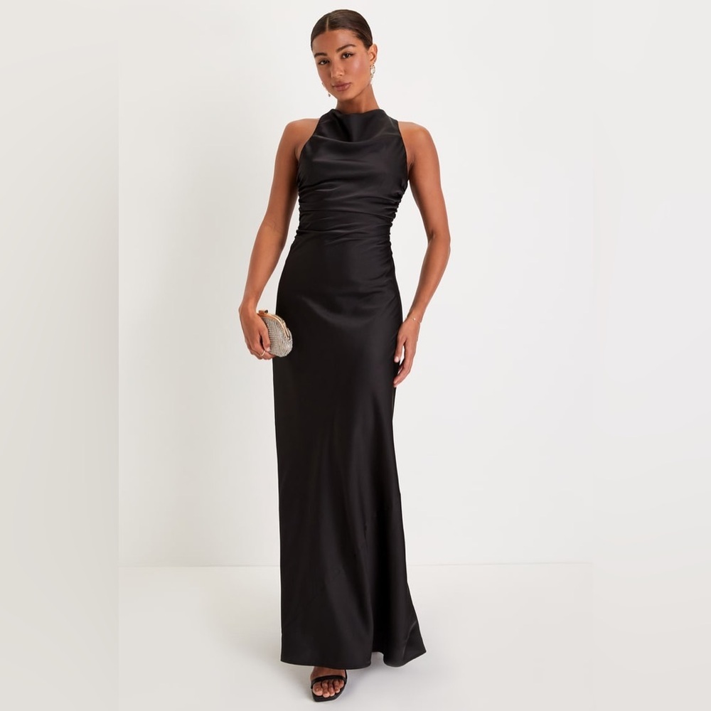 NWT Lulus Effortlessly Sensational Black Satin Backless Maxi Dress